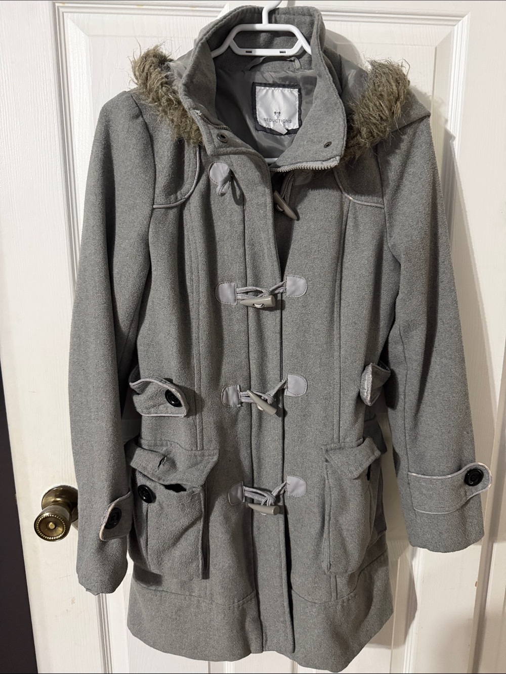 Gray Toggle Coat with Faux Fur Hood